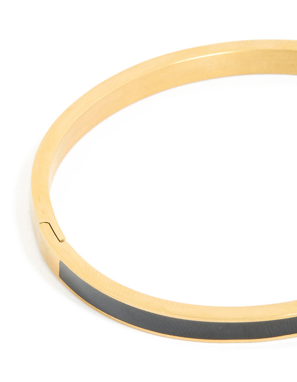 This waterproof gold plated stainless steel hinged bangle with thick black enamel in dainty style closure detail view