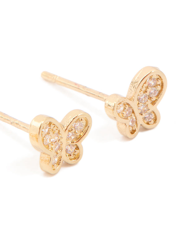 Kids Gold Plated Surgical Steel Rose & Butterfly Stud Earrings 2-Pack