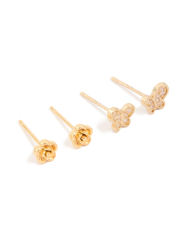 Kids Gold Plated Surgical Steel Rose & Butterfly Stud Earrings 2-Pack