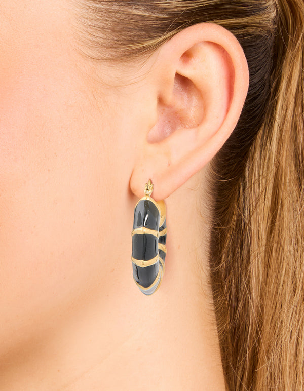 Waterproof Gold Plated Stainless Steel Black Enamel Bamboo Hoop Earrings
