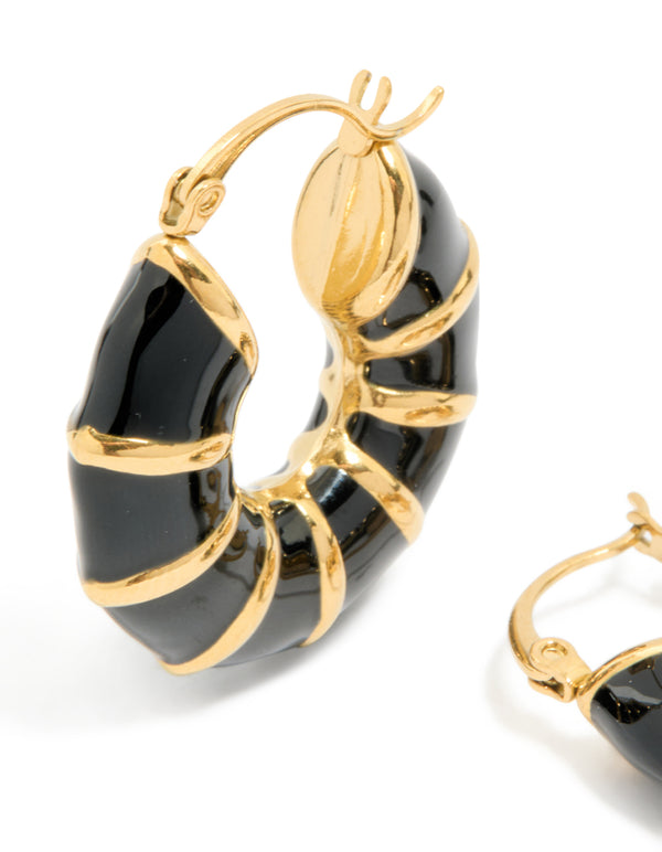 Waterproof Gold Plated Stainless Steel Black Enamel Bamboo Hoop Earrings