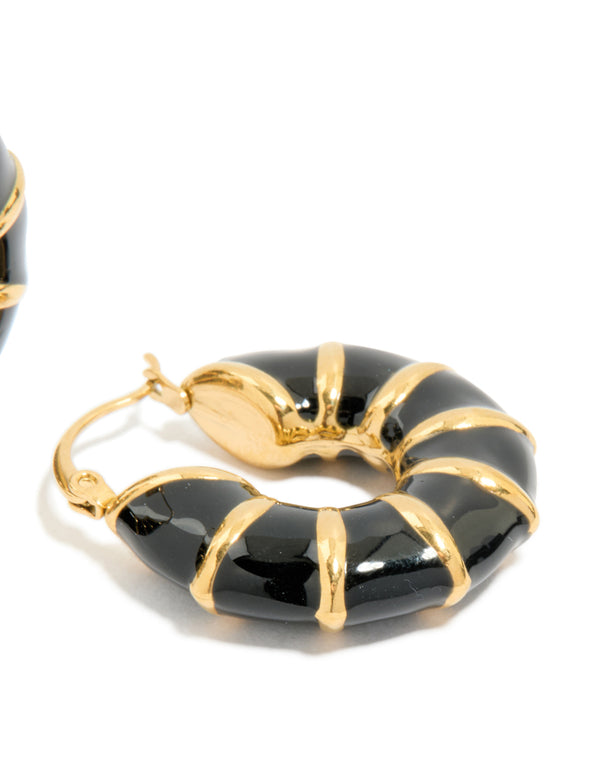 Waterproof Gold Plated Stainless Steel Black Enamel Bamboo Hoop Earrings