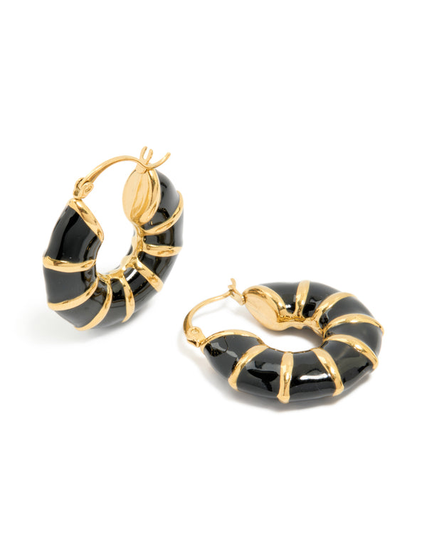 Waterproof Gold Plated Stainless Steel Black Enamel Bamboo Hoop Earrings