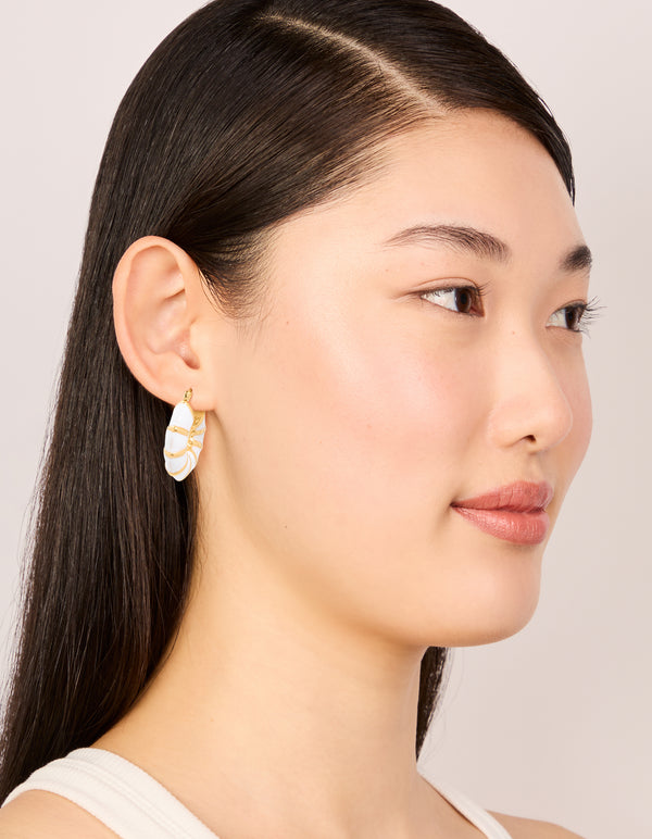 Waterproof Gold Plated Stainless Steel Bamboo White Enamel Huggie Earrings