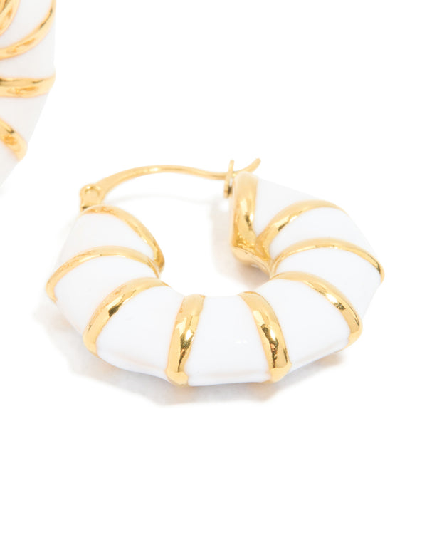 Waterproof Gold Plated Stainless Steel Bamboo White Enamel Huggie Earrings