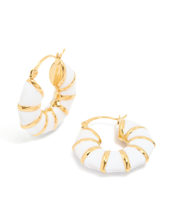 Waterproof Gold Plated Stainless Steel Bamboo White Enamel Huggie Earrings