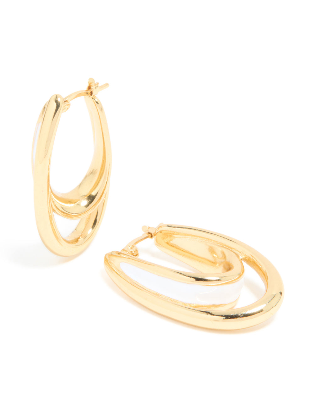 Featuring statement waterproof gold plated stainless steel white enamel double illusion hoop earrings front view
