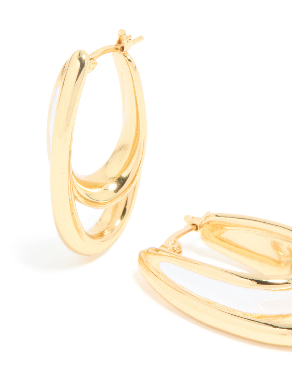 Designed with statement waterproof gold plated stainless steel white enamel double illusion hoop earrings close up view
