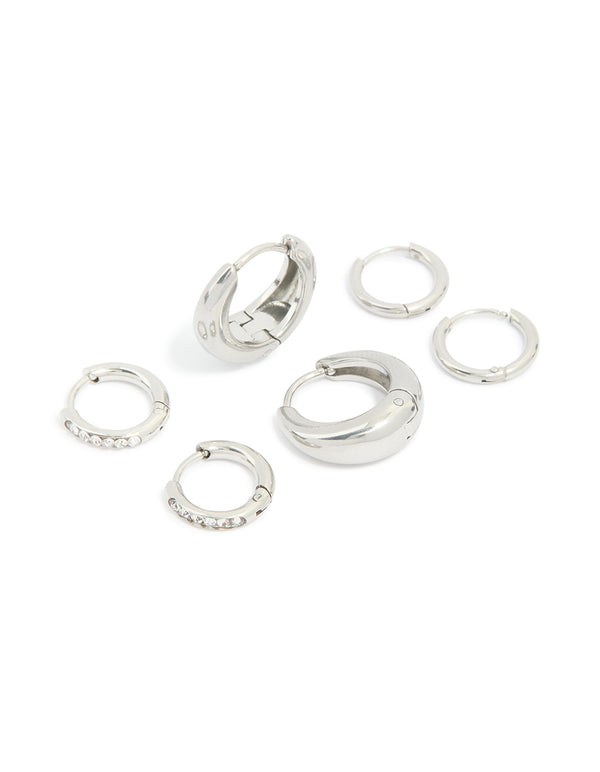Waterproof Stainless Steel Cubic Zirconia Mix Huggie Earrings 3-Pack