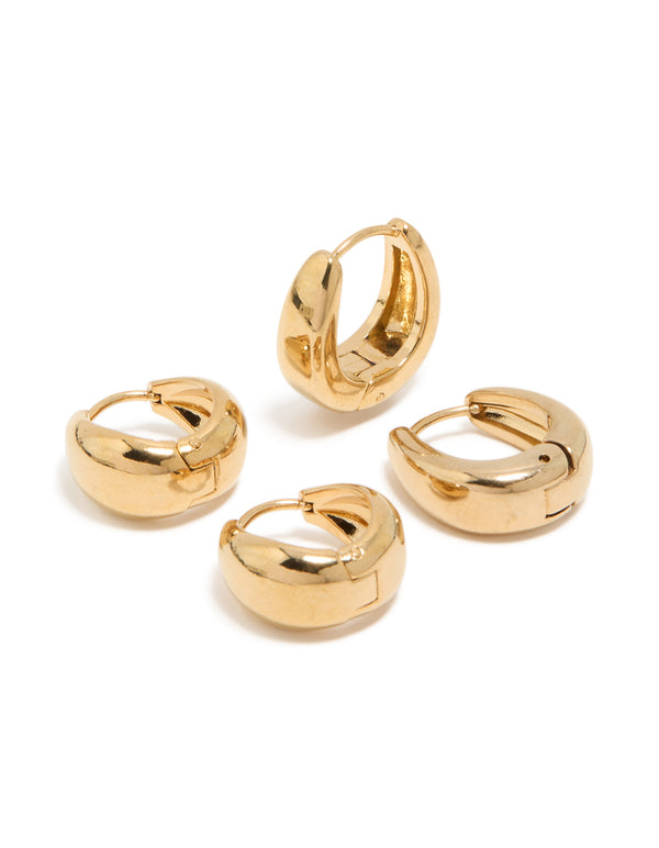 Featuring waterproof gold plated stainless steel chunky and chubby hoop earrings in a 2-pack front view