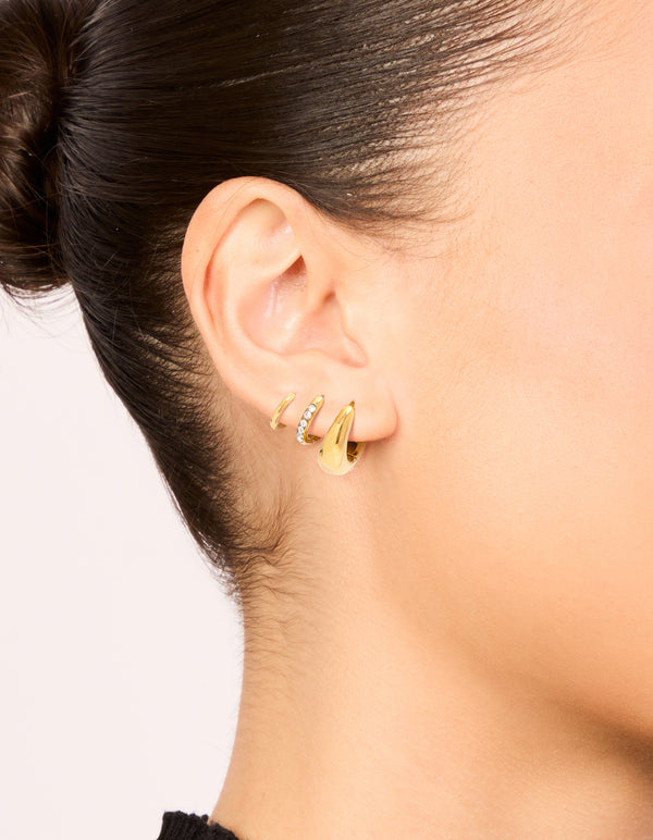 Waterproof Gold Plated Stainless Steel Cubic Zirconia Mix Huggie Earrings 3-Pack