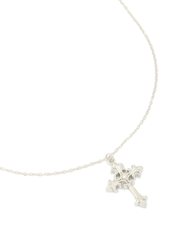 Featuring a waterproof stainless steel gothic cross necklace in silver, statement style close up view