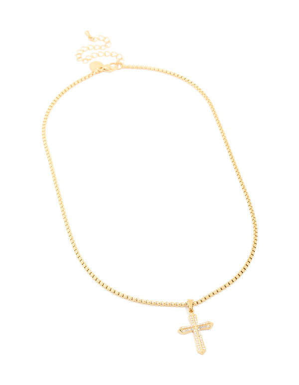 Waterproof Gold Plated Stainless Steel Cubic Zirconia Pavé Cross Necklace