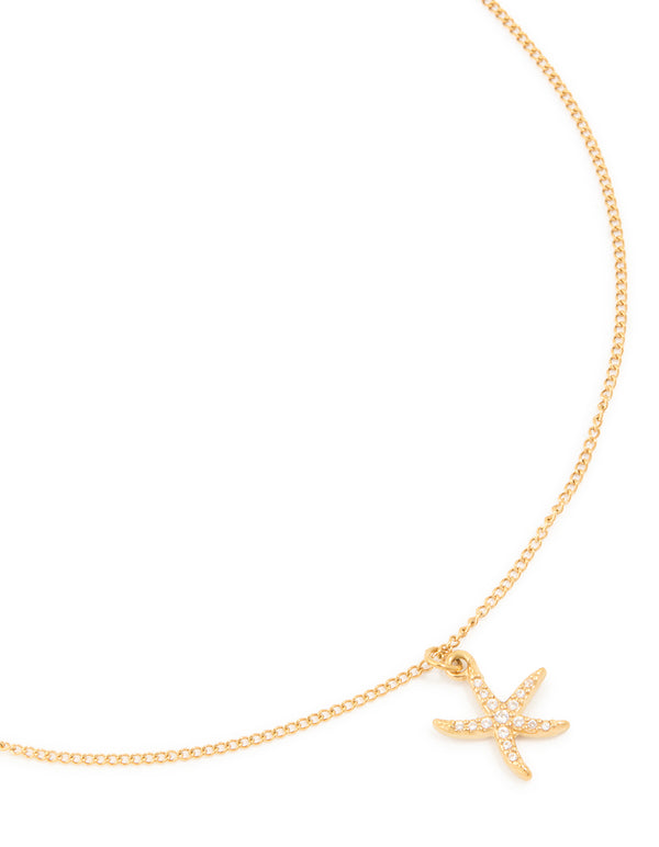 Waterproof Gold Plated Stainless Steel Cubic Zirconia Pavé Starfish Pendant Necklace