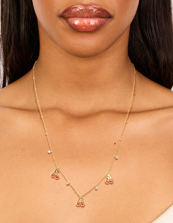 Waterproof Gold Plated Stainless Steel Diamante Circle & Cherry Charms Necklace