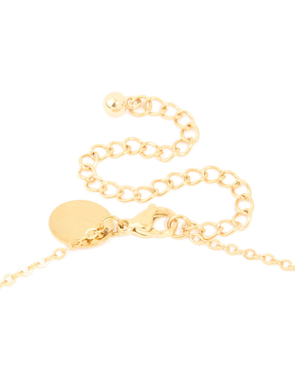 Highlighting the adjustable mechanism of a waterproof pebble station necklace in gold plated stainless steel clasp detail view
