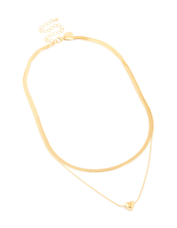 Showcasing a waterproof gold plated stainless steel snake chain and heart pendant layered necklace front view