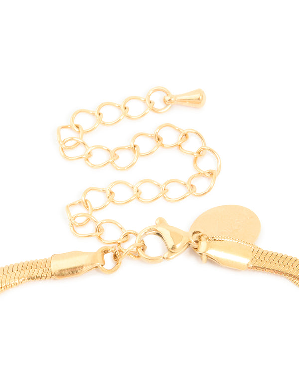 Detailed view of waterproof gold plated stainless steel snake chain and heart pendant layered necklace clasp detail view