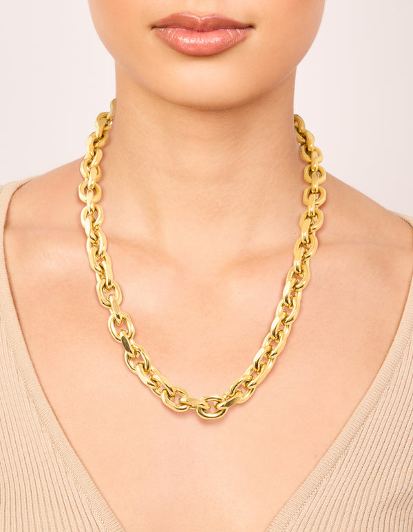 Crafted from waterproof gold plated stainless steel thick chain necklace in chunky styling on neck view