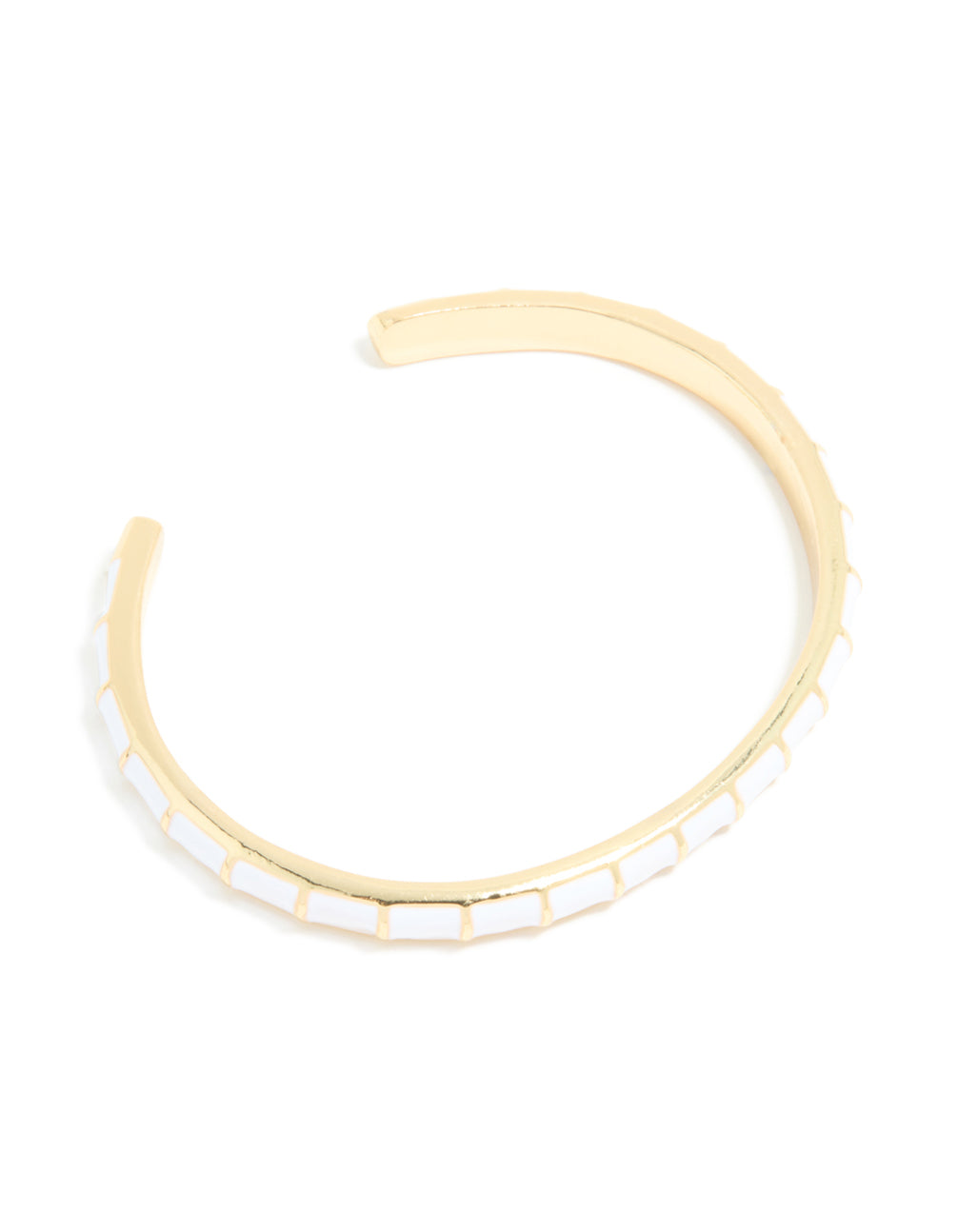 Showcasing a waterproof bangle crafted from stainless steel with white enamel bamboo design in gold plated finish front view