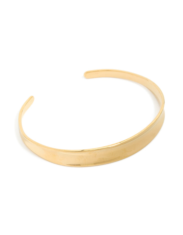 Featuring a waterproof gold plated stainless steel thin wrist cuff bracelet front view
