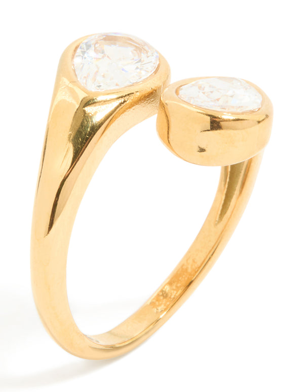 Beautifully crafted waterproof gold plated stainless steel ring with cubic zirconia in statement style front view