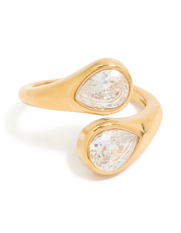 Stunning waterproof gold plated stainless steel ring with cubic zirconia in statement design close up view