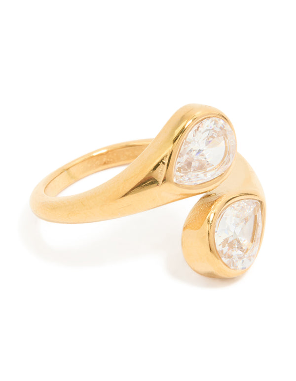 Showcasing a waterproof gold plated stainless steel ring featuring cubic zirconia in a statement style side detail view