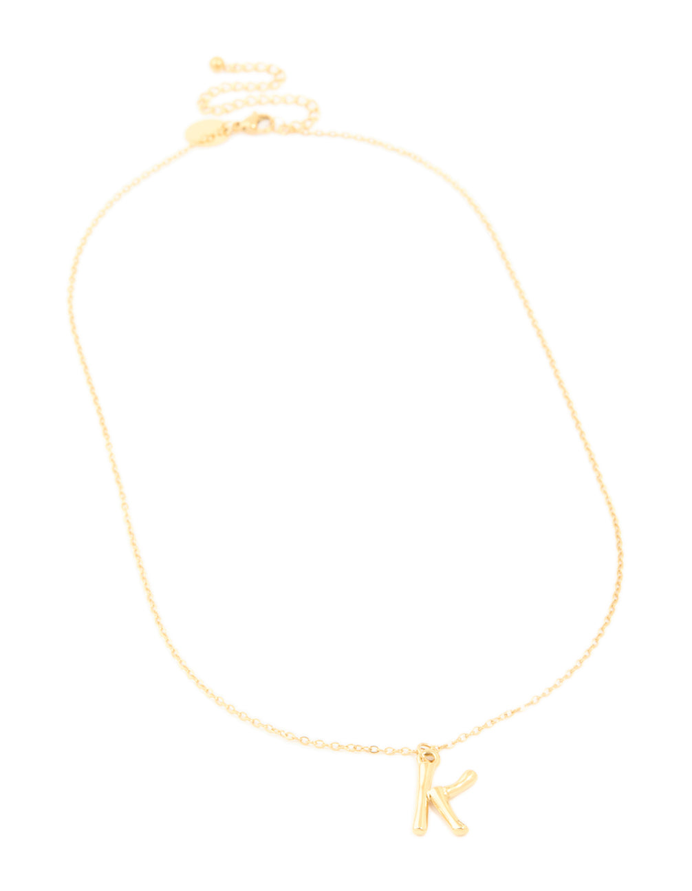 Presenting a waterproof bamboo letter K initial feature pendant necklace in gold plated stainless steel front view
