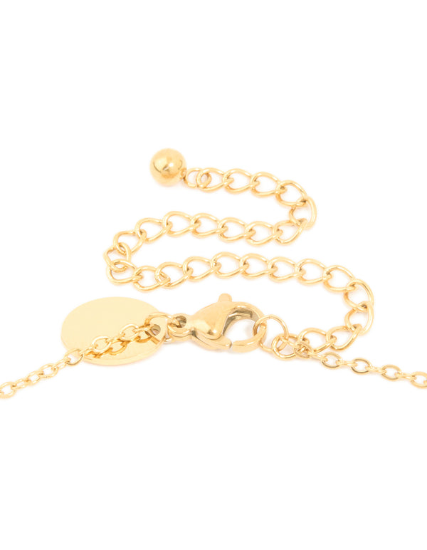 Highlighting a waterproof bamboo letter K initial feature pendant necklace crafted from gold plated stainless steel clasp detail view