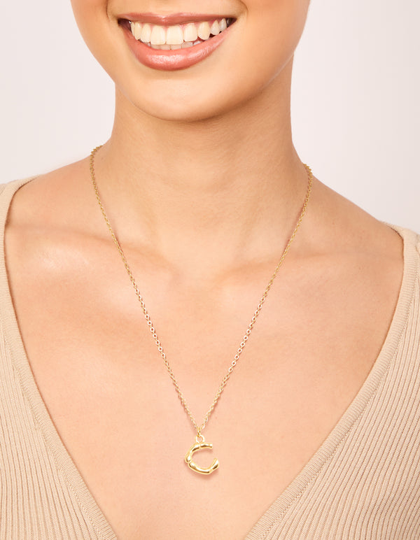 Elegant waterproof gold plated stainless steel bamboo letter C necklace on neck view