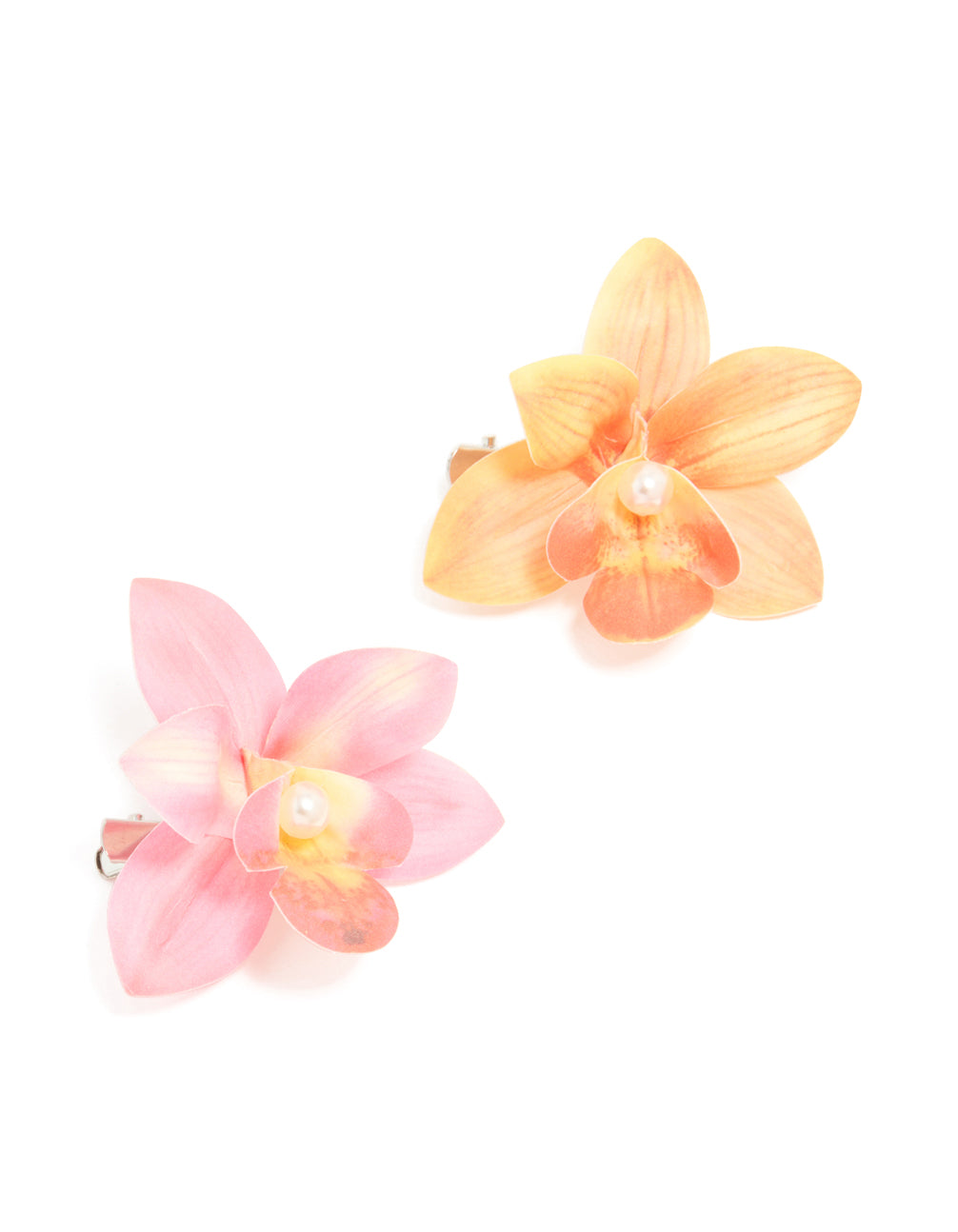 Featuring floral pearl 2-pack hair clips in pink and orange front view