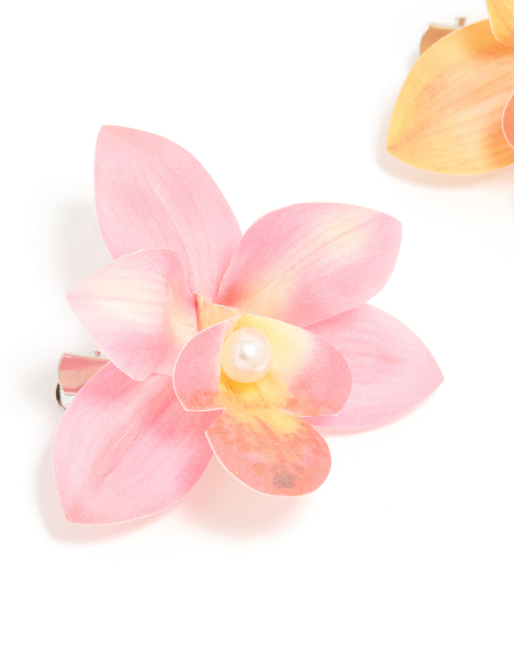 Crafted with floral pearl 2-pack hair clips in pink and orange detail view