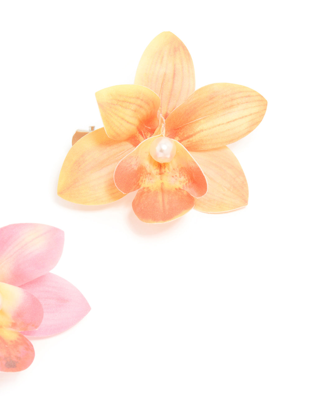 Designed with floral pearl 2-pack hair clips in pink and orange side view