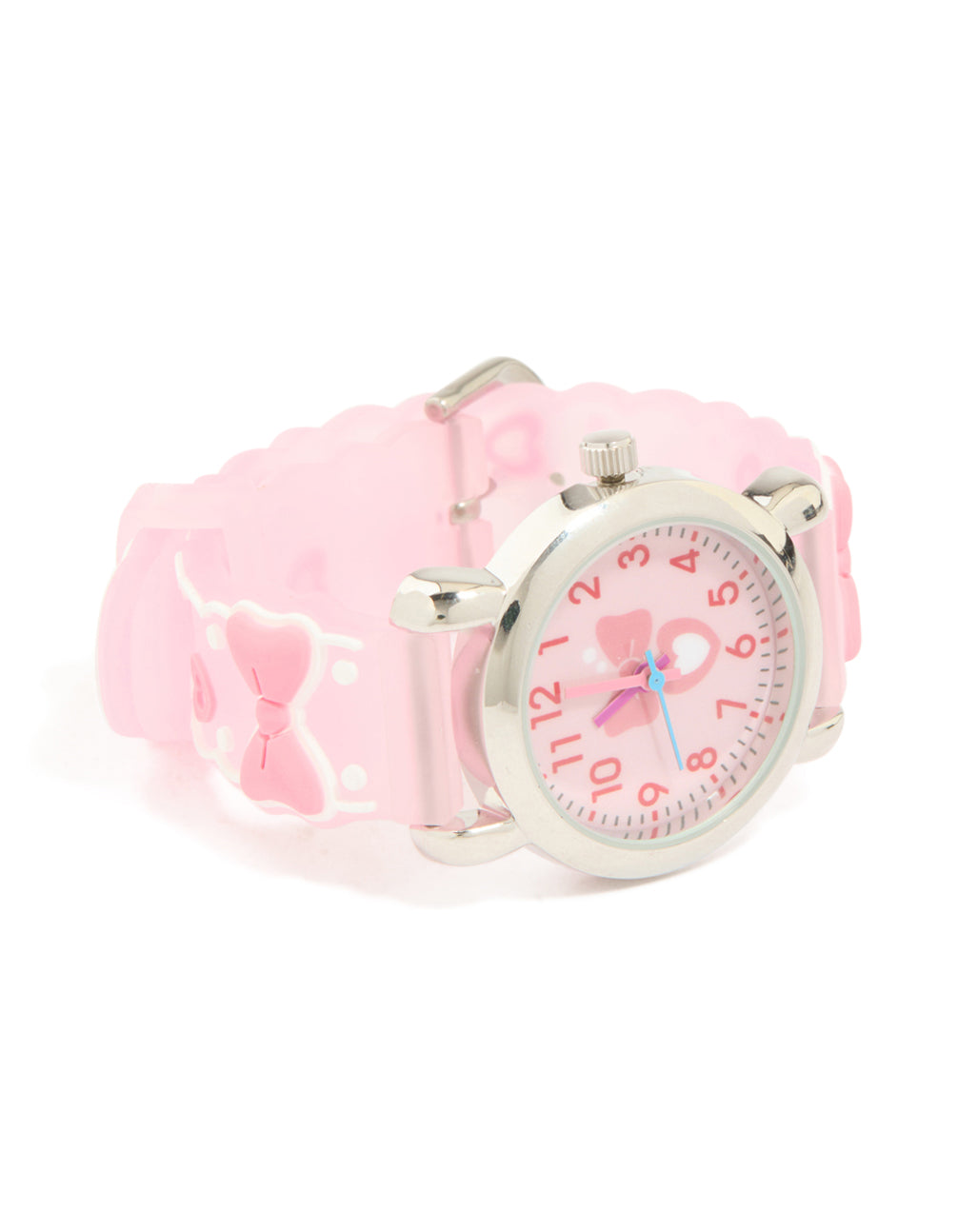 Discover this kids slap watch featuring bow accents and heart motifs with numbers displayed on a round dial, casual analog design in pink silicone for kid, front view