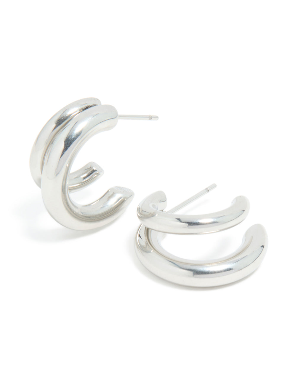 Showcasing waterproof stainless steel double illusion open hoop earrings in chunky silver front view