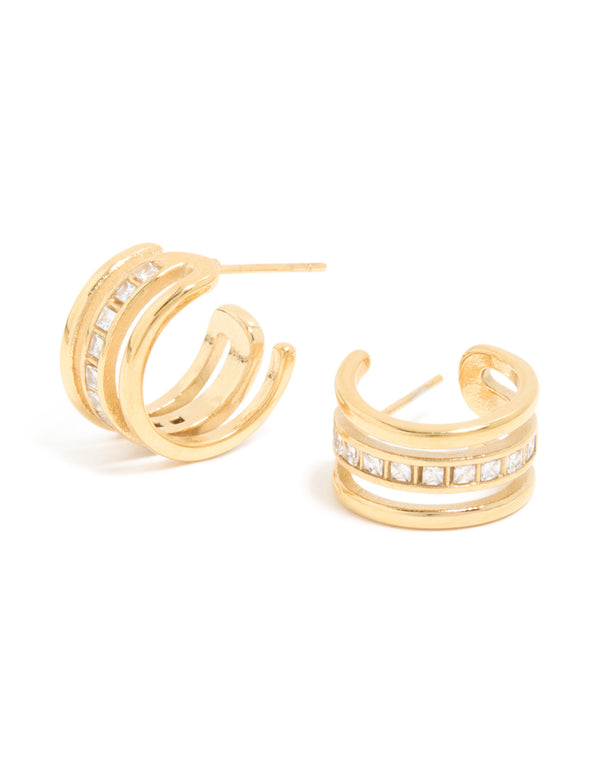 Featuring waterproof gold plated stainless steel cubic zirconia illusion hoop earrings with triple band design front view