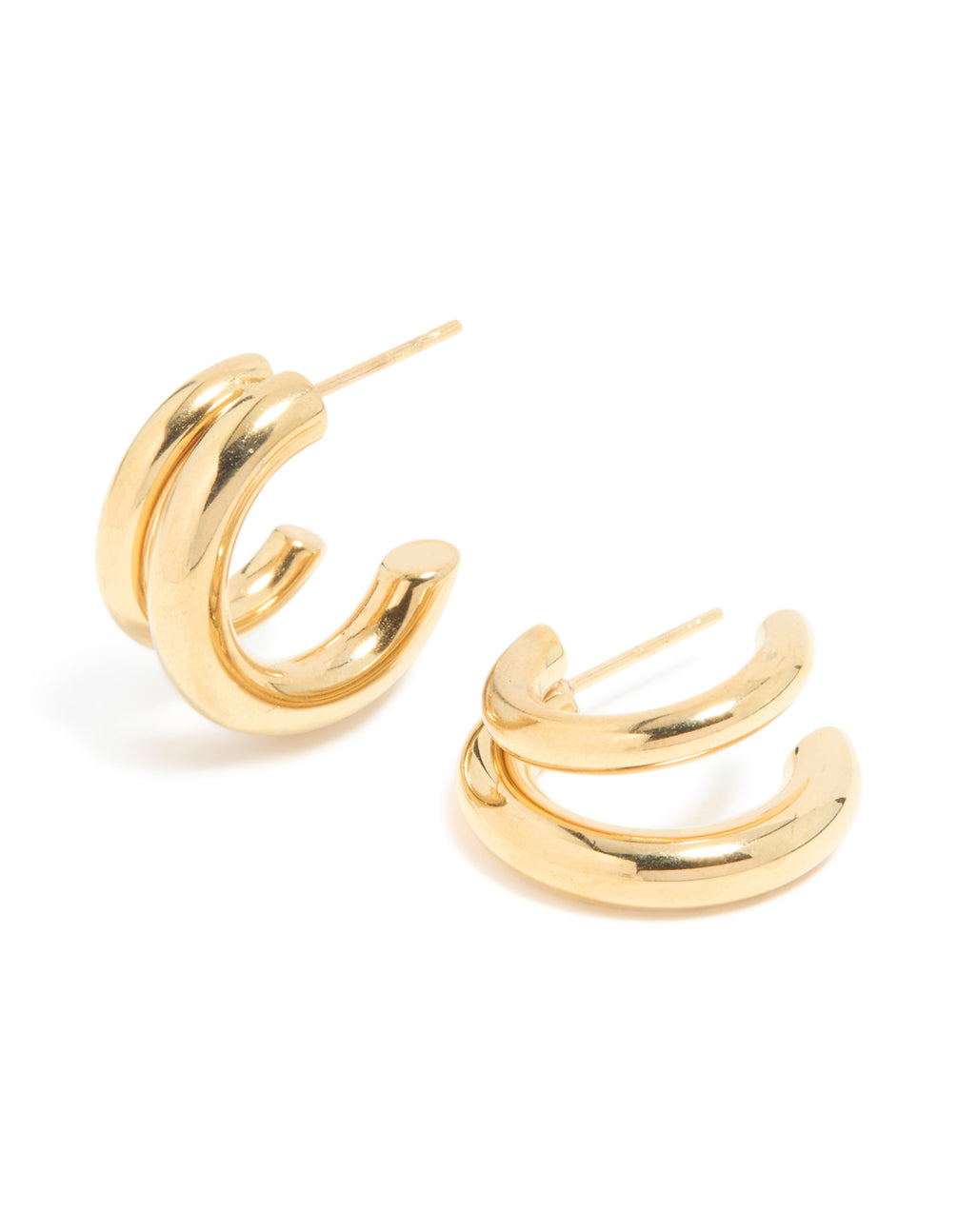 Showcasing waterproof gold plated stainless steel double illusion open hoop earrings with statement style front view