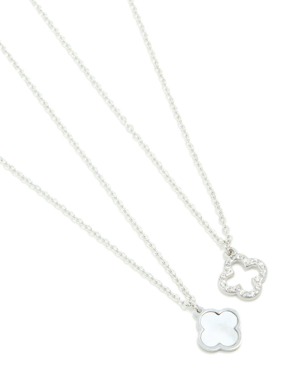 Showcasing waterproof stainless steel diamante floral pendant necklaces in a 2-pack dainty style close up view