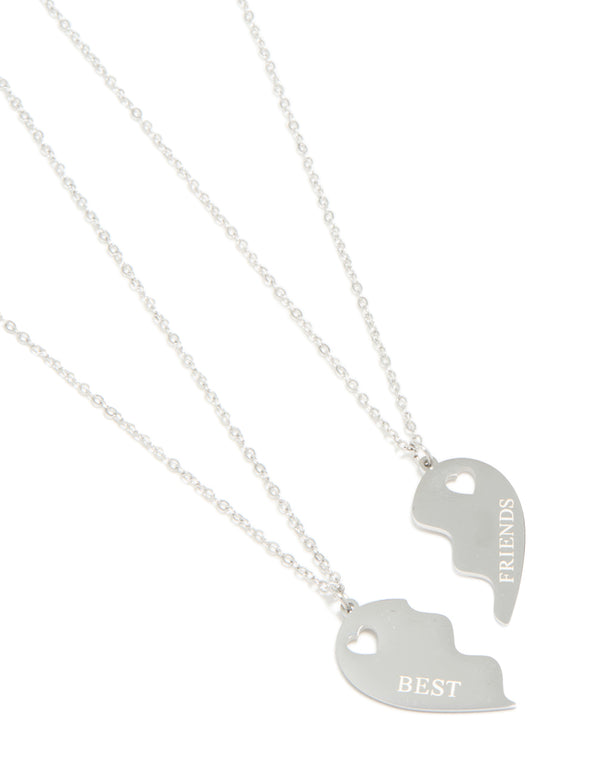 Discover waterproof stainless steel best friends heart necklaces featuring script details in silver, 2-pack close up view