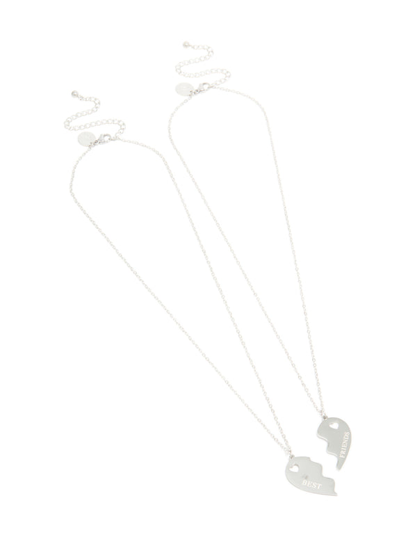 Featuring waterproof stainless steel best friends heart necklaces with script accents in silver, 2-pack front view