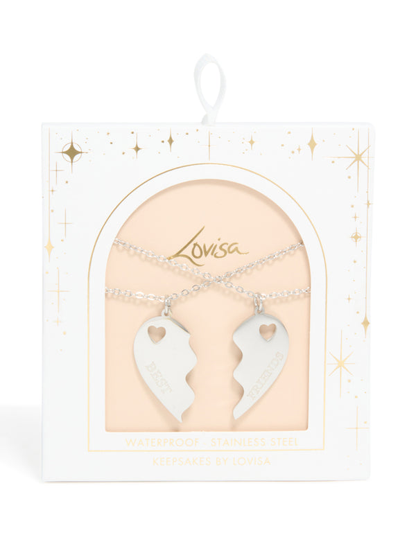 Discover waterproof stainless steel best friends heart necklaces featuring script details in silver, 2-pack close up view