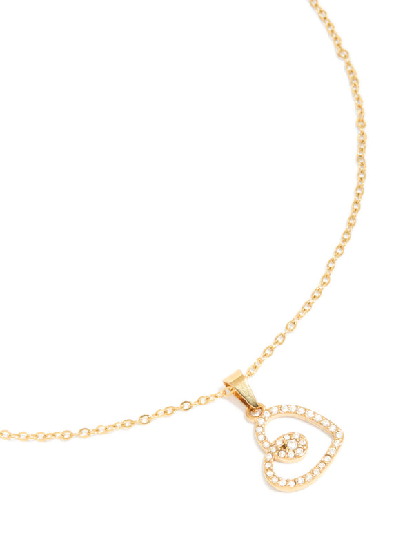 Elegant waterproof heart pendant necklace in gold plated stainless steel featuring cubic zirconia with dainty design close up view