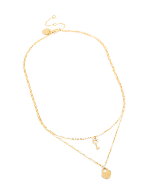 Beautifully designed waterproof gold plated stainless steel key and heart lock pendant layered necklace in dainty style front view