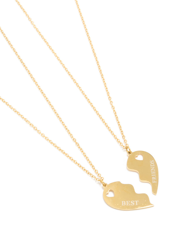 Explore this waterproof gold plated stainless steel BFF heart dainty style necklaces featuring script on pendant in a 2-pack close up view