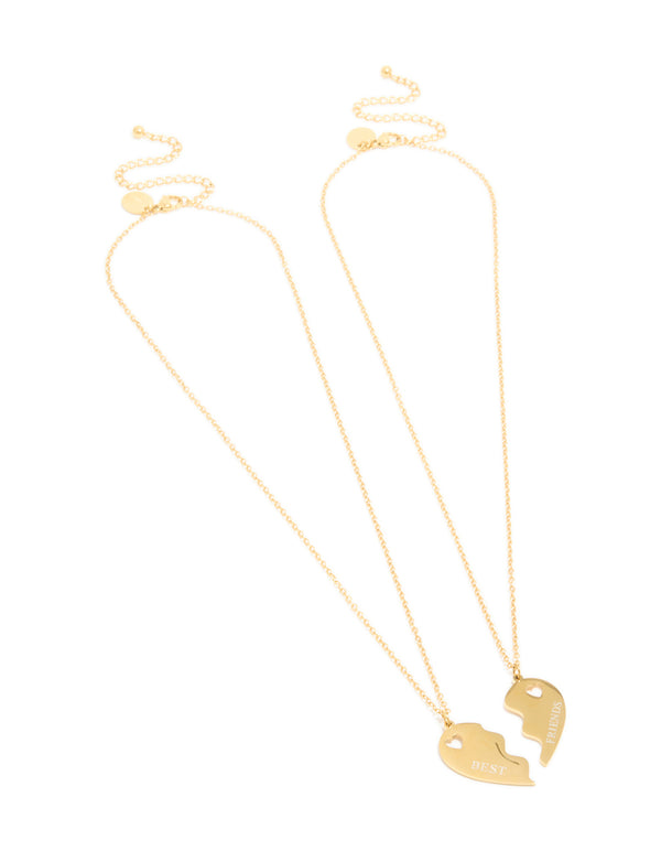 Discover waterproof gold plated stainless steel BFF heart dainty style necklaces with script feature on pendant in a 2-pack front view