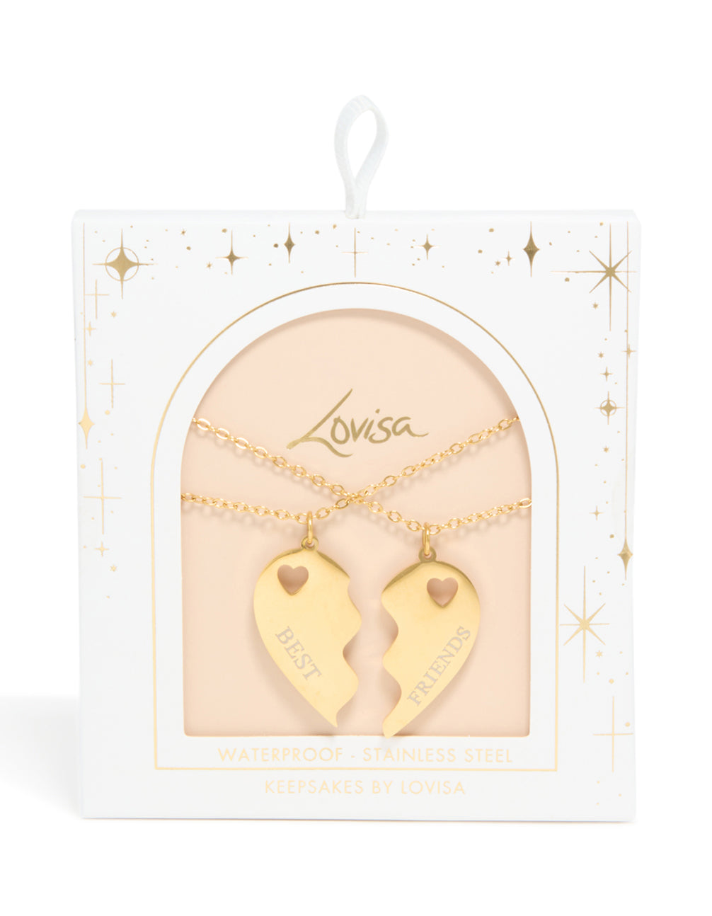 Explore this waterproof gold plated stainless steel BFF heart dainty style necklaces featuring script on pendant in a 2-pack close up view