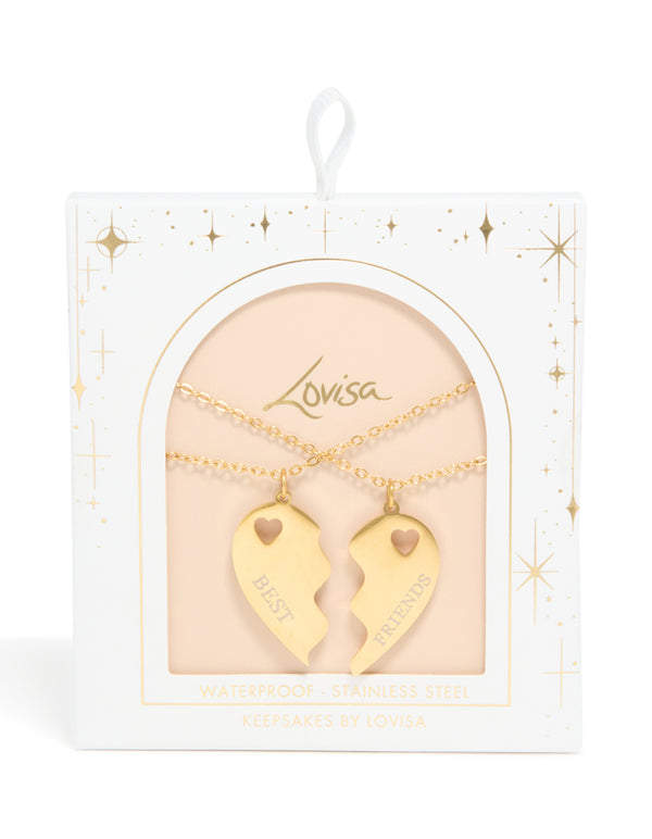 Explore this waterproof gold plated stainless steel BFF heart dainty style necklaces featuring script on pendant in a 2-pack close up view