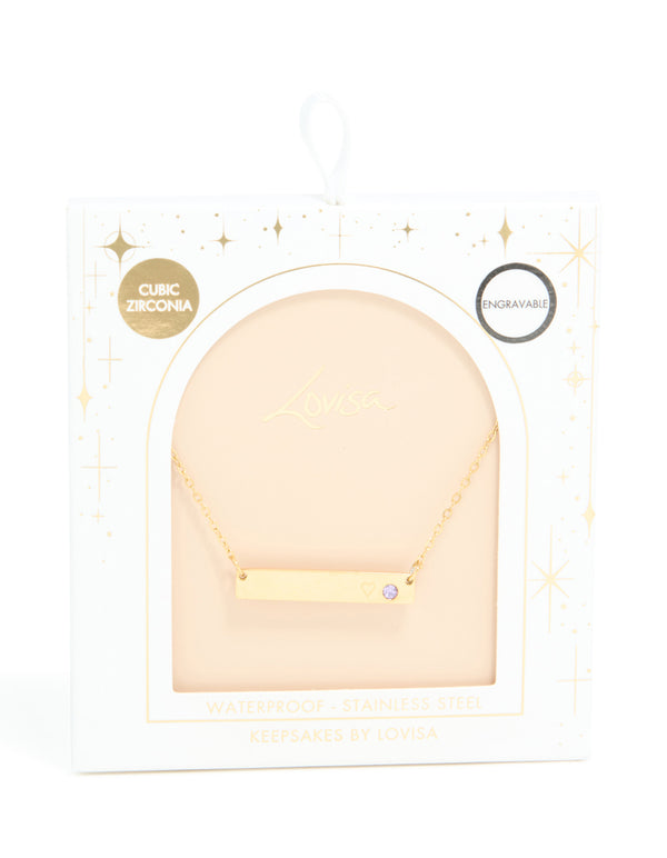 Waterproof Gold Plated Stainless Steel Cubic Zirconia Engravable Bar Necklace