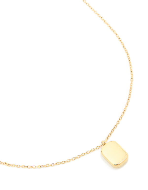 Featuring waterproof gold plated stainless steel round rectangle engravable necklace with pendant close up view